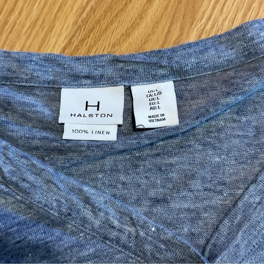 Halston 100% linen gray blue slub cotton feel button short sleeve baggy shirt L - Picture 2 of 7